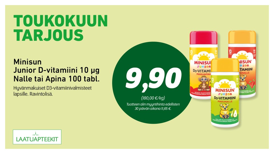 Minisun Junior D-vitamiini 10 µg Nalle tai Apina 100 tabl.