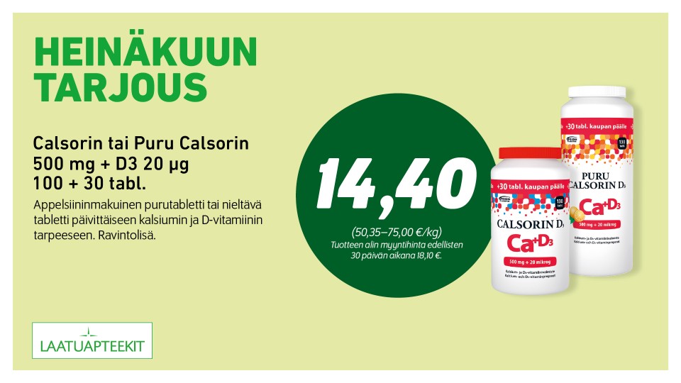 Calsorin tai Puru Calsorin 500 mg + D3 20 µg 100 + 30 tabl.