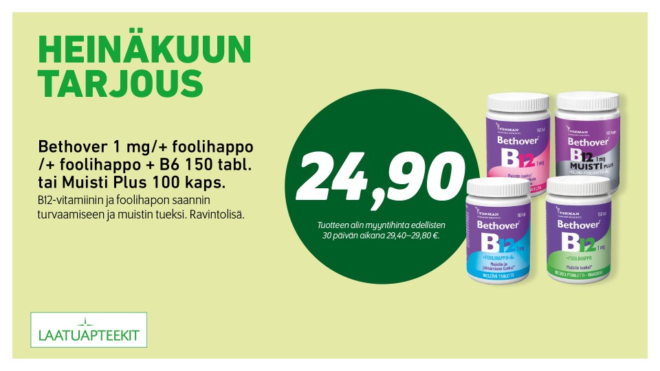 Bethover 1 mg/+ foolihappo /+ foolihappo + B6 150 tabl. tai Muisti Plus 100 kaps.