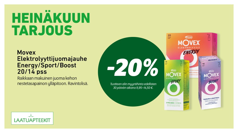 Movex Elektrolyyttijuomajauhe Energy/Sport/Boost 20/14 pss  -20 %