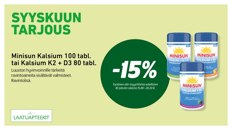 Minisun Kalsium 100 tabl. tai Kalsium K2 + D3 80 tabl.  -15 %