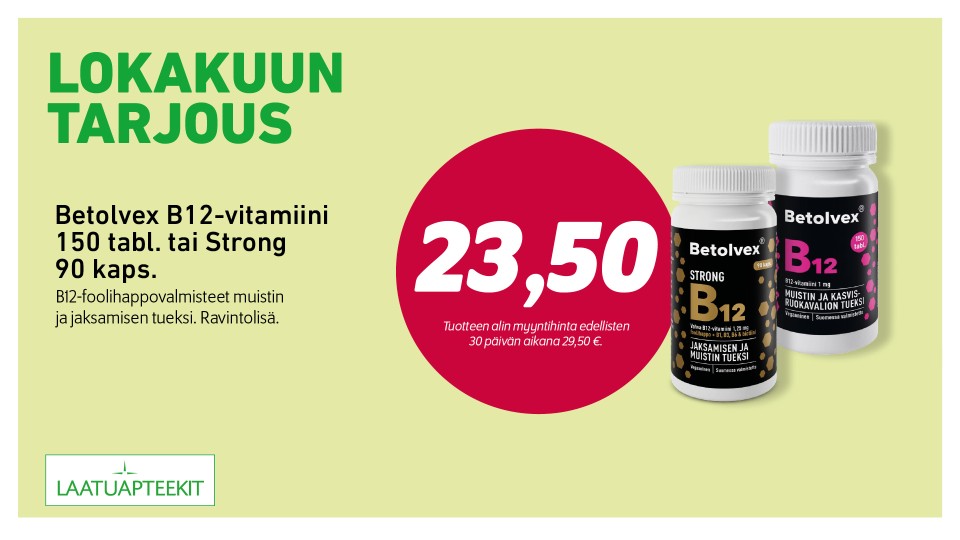 Betolvex B12-vitamiini 150 tabl. tai Strong 90 kaps.
